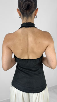 VESTIDO MIDI TOP HALTER Y FALDA FRUNCIDA