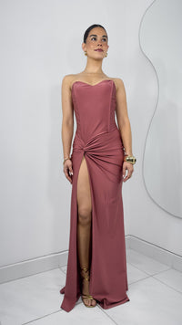 VESTIDO LARGO SATINADO EFECTO CORSET ABERTURA PIERNA - ROSA