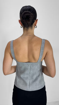 TOP GRIS ESTILO CORSÉT DE CUADROS CON MOÑO