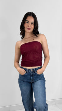 BLUSA MESH DRAPEADA STRAPLESS ROJA