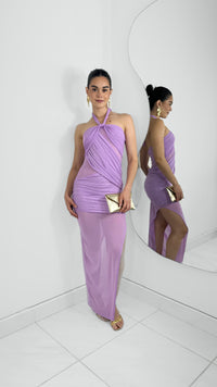VESTIDO MIDI HALTER MESH DRAPEADO LAVANDA