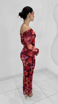 VESTIDO LARGO FLORAL MANGA LARGA OFF SHOULDER