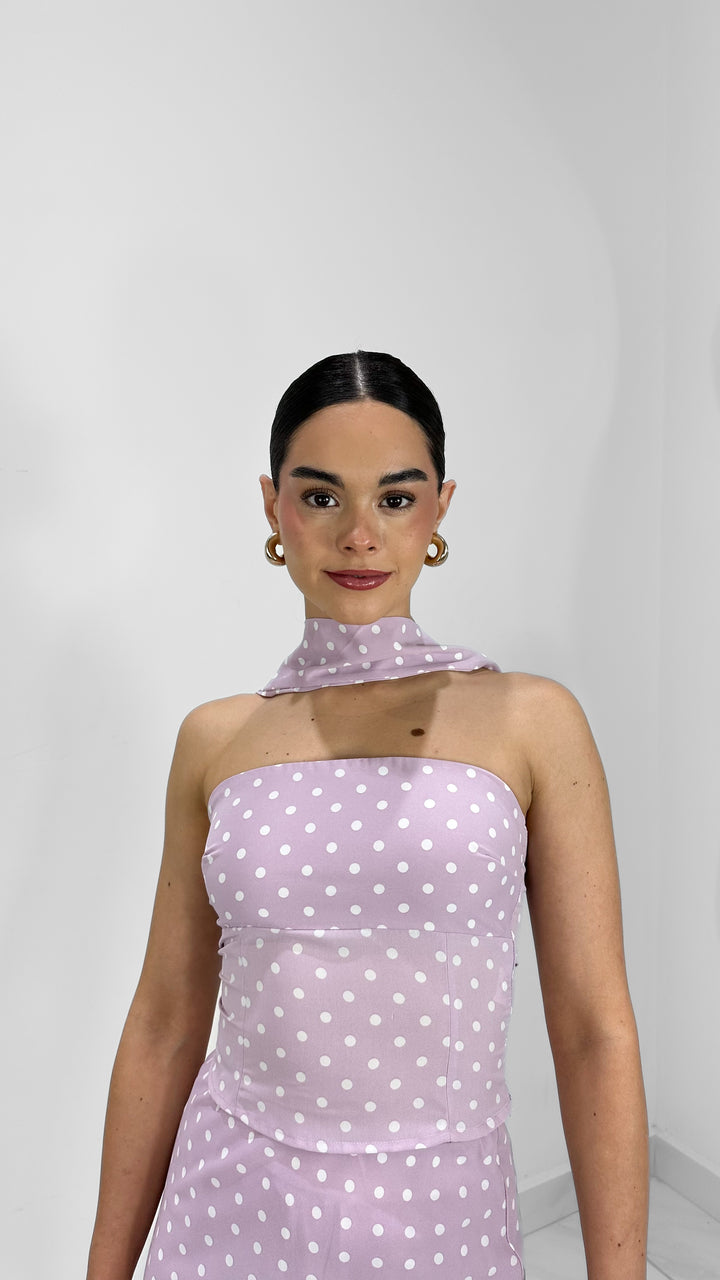 TOP STRAPLESS POLKA DOT PINK CON BUFANDA