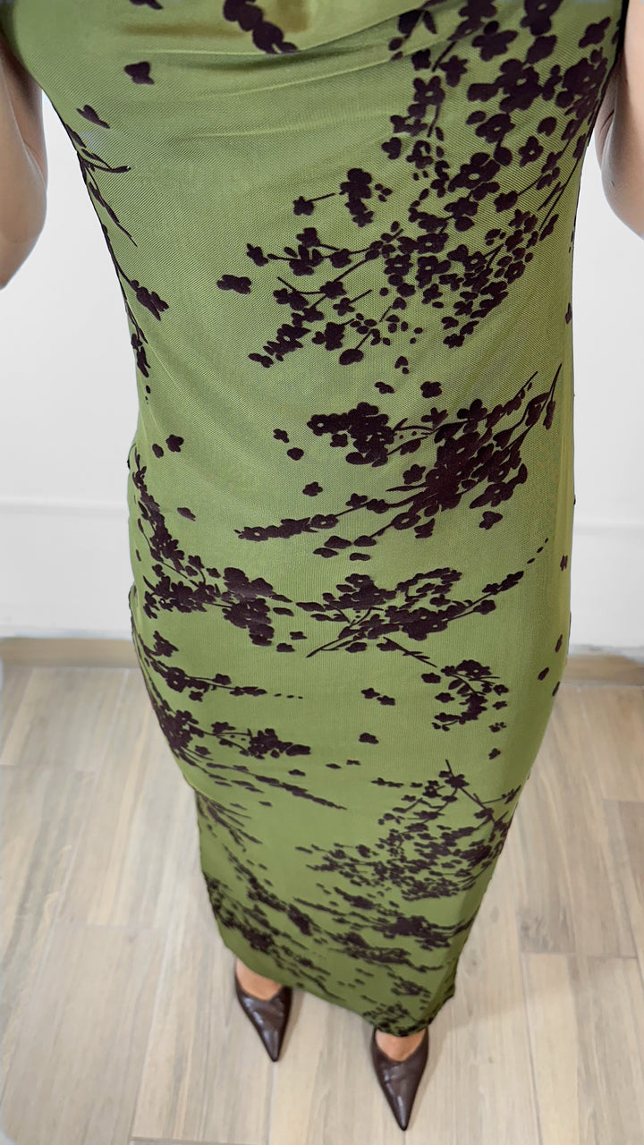 VESTIDO LARGO OLIVO CON CAFÉ