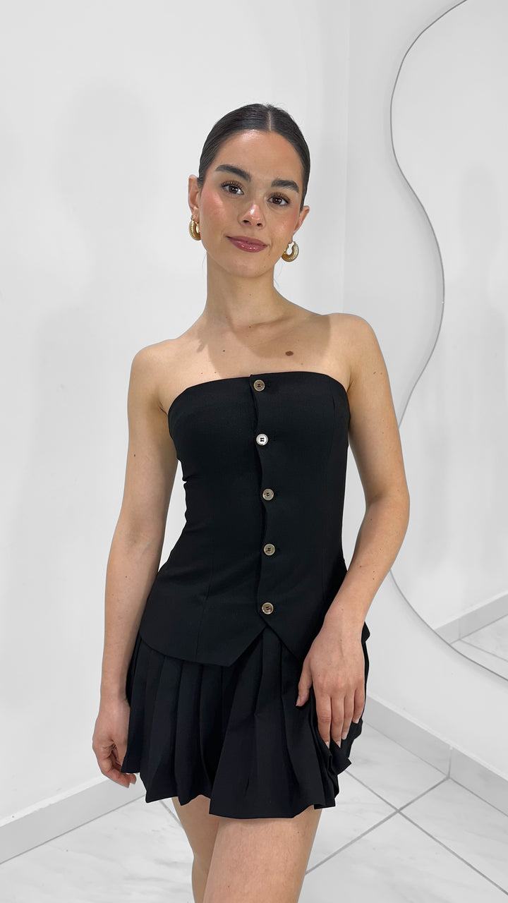 VESTIDO STRAPLESS NEGRO CON BOTONES