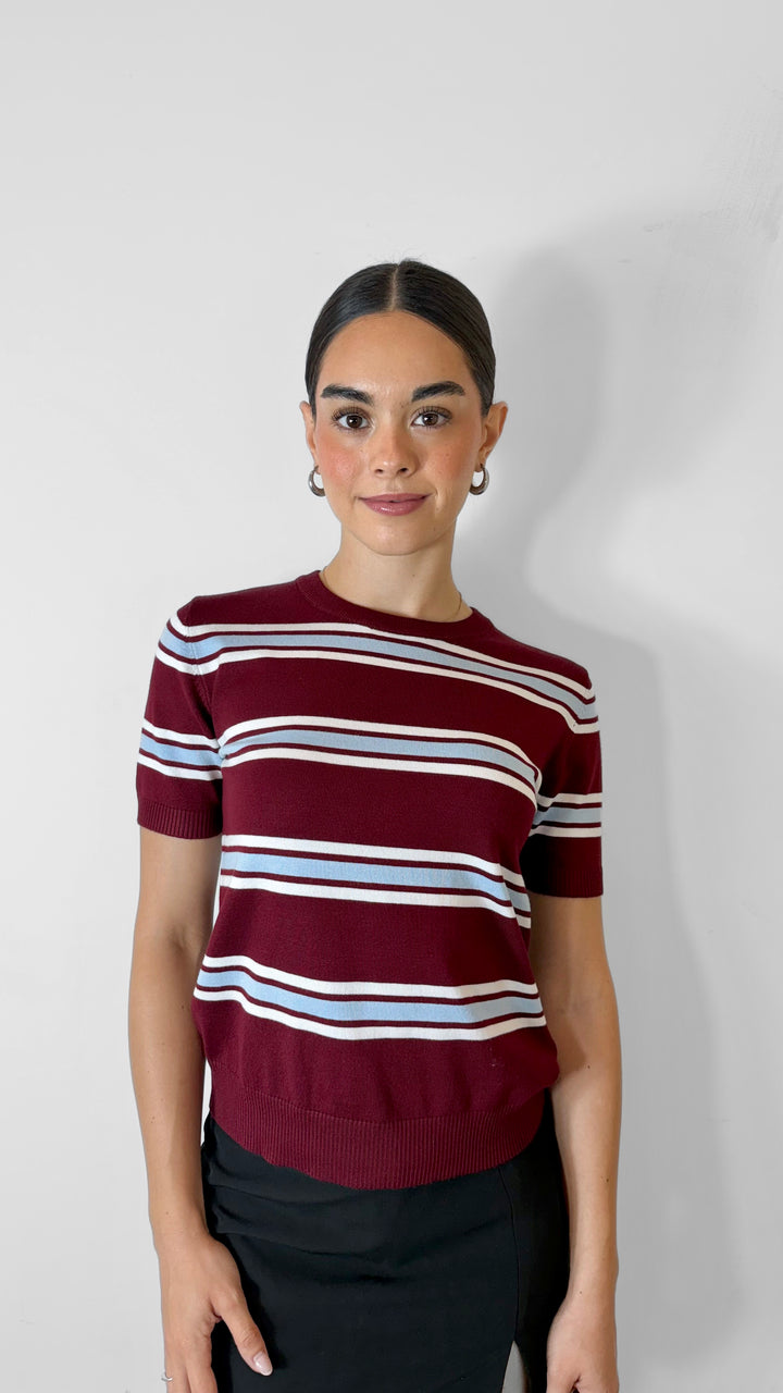 T-SHIRT STRIPPED KNITTED VINO CON BLANCO