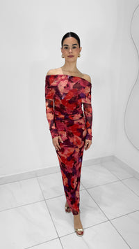 VESTIDO LARGO FLORAL MANGA LARGA OFF SHOULDER