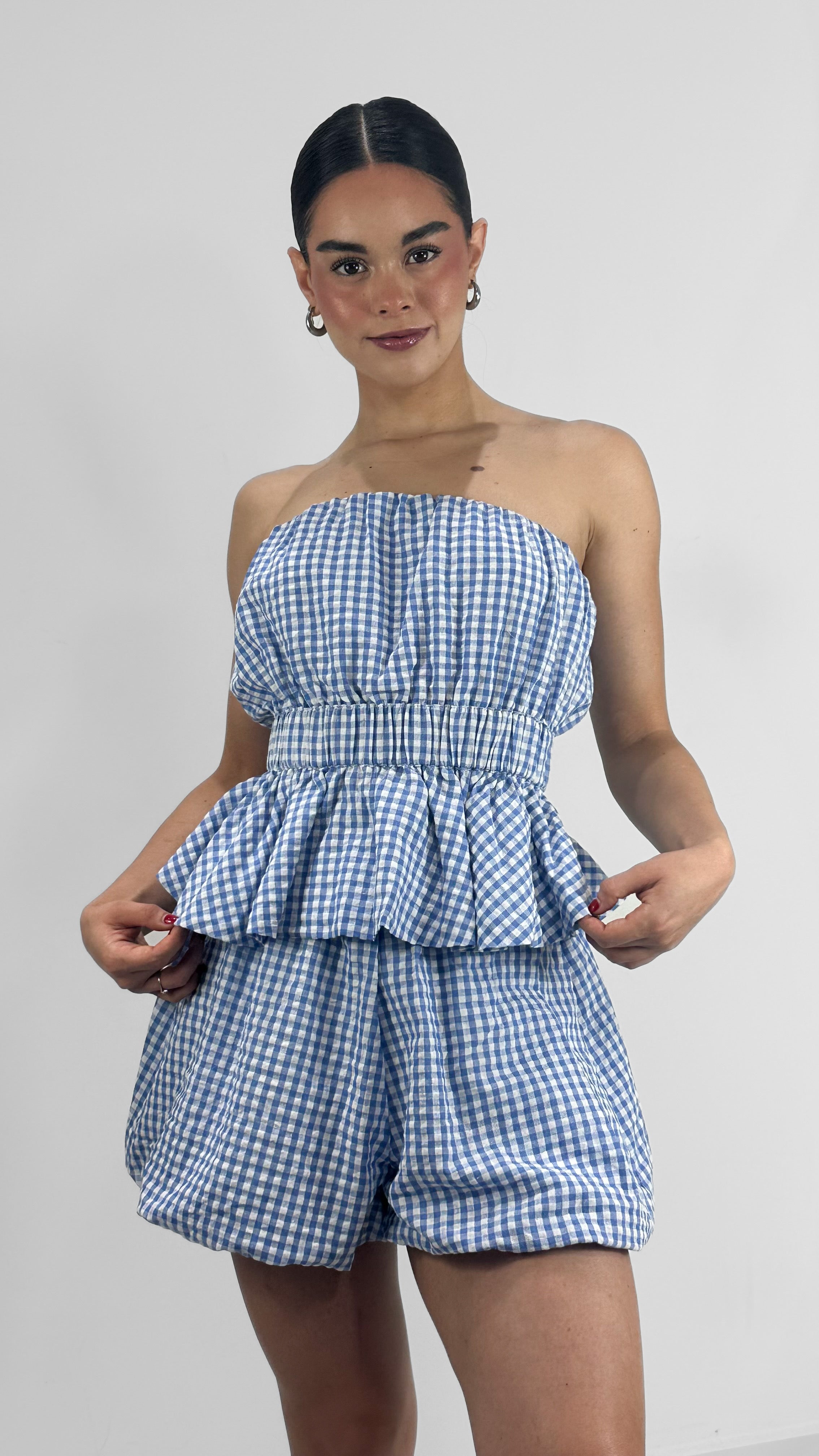 B STRAPLESS DE CUADROS AZUL & BLANCO (SET)