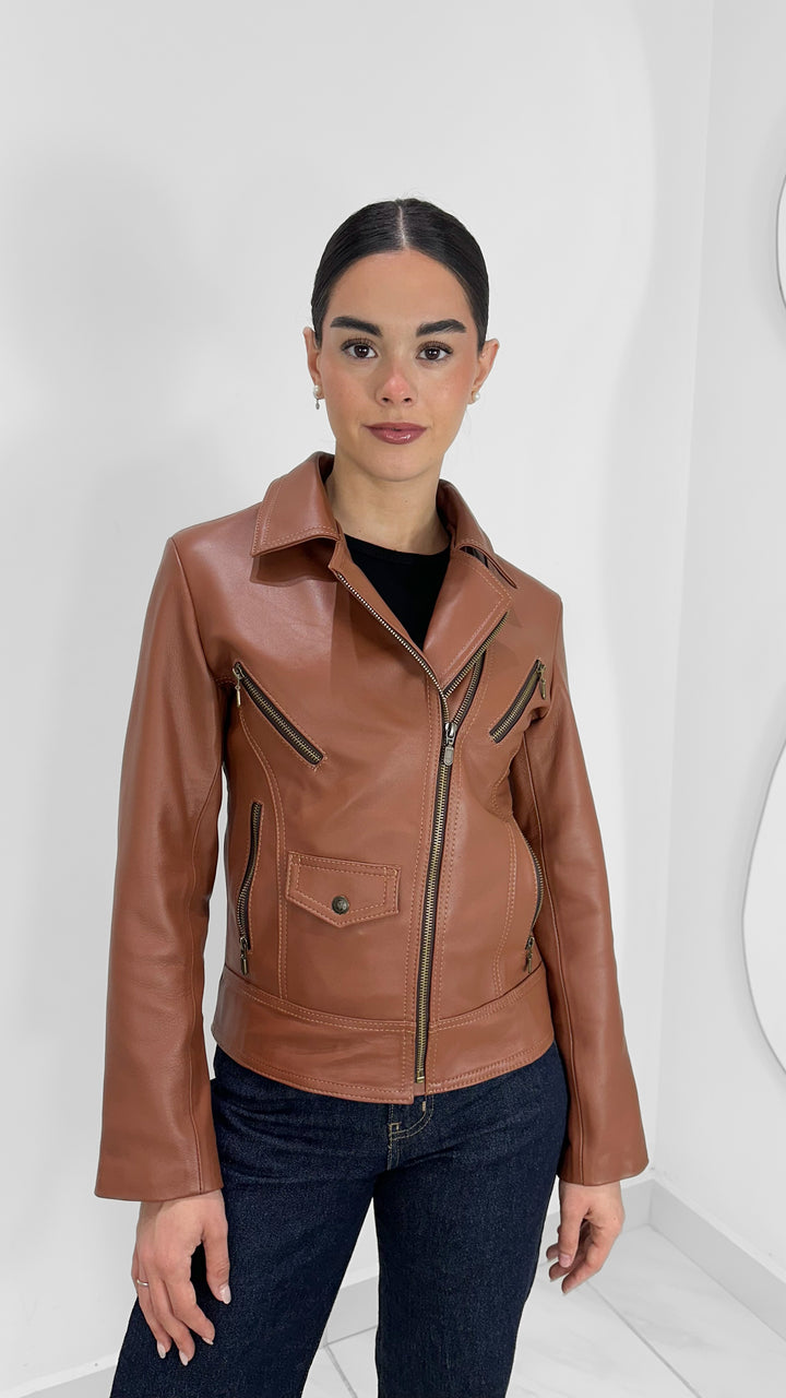 CHAMARRA DE PIEL GENUINA CAFÉ CAMELLO