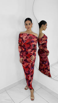 VESTIDO LARGO FLORAL MANGA LARGA OFF SHOULDER