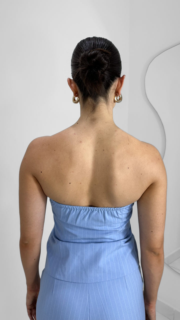 TOP STRAPLESS RAYADO BABY BLUE