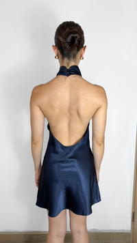 VESTIDO HALTER SATIN NAVY SIN ESPALDA