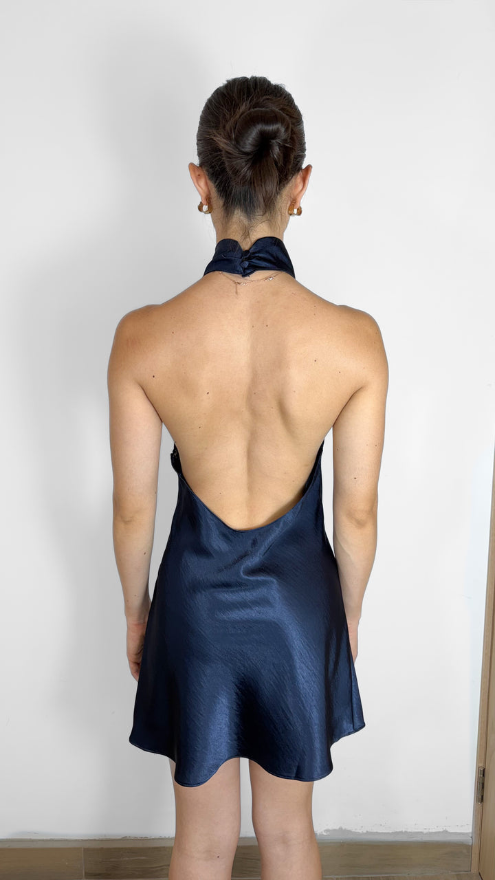 VESTIDO HALTER SATIN NAVY SIN ESPALDA