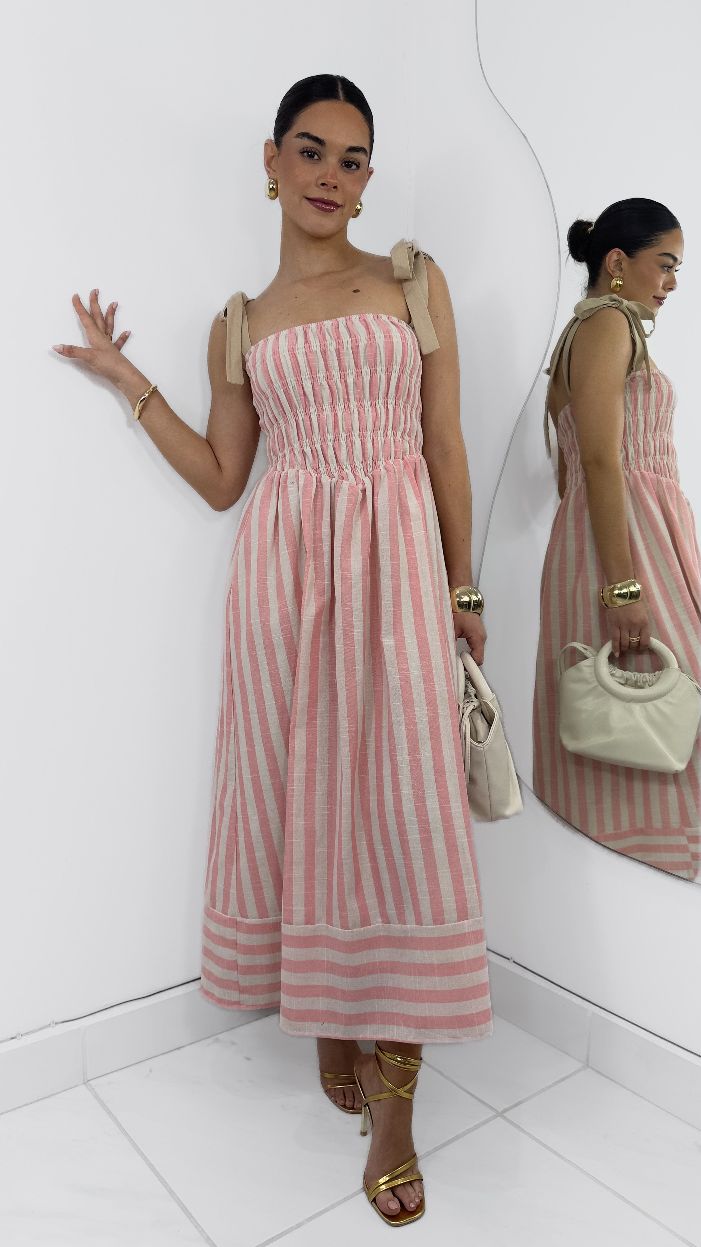 VESTIDO MIDI RAYADO BABY PINK LAZOS IVORY