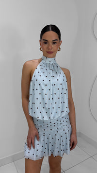 VESTIDO MINI POLKA DOT BABY BLUE Y CAFÉ