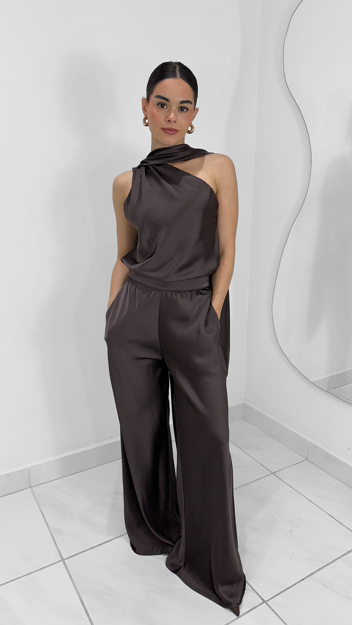 PANTALÓN DE SATEN RECTO DARK BROWN