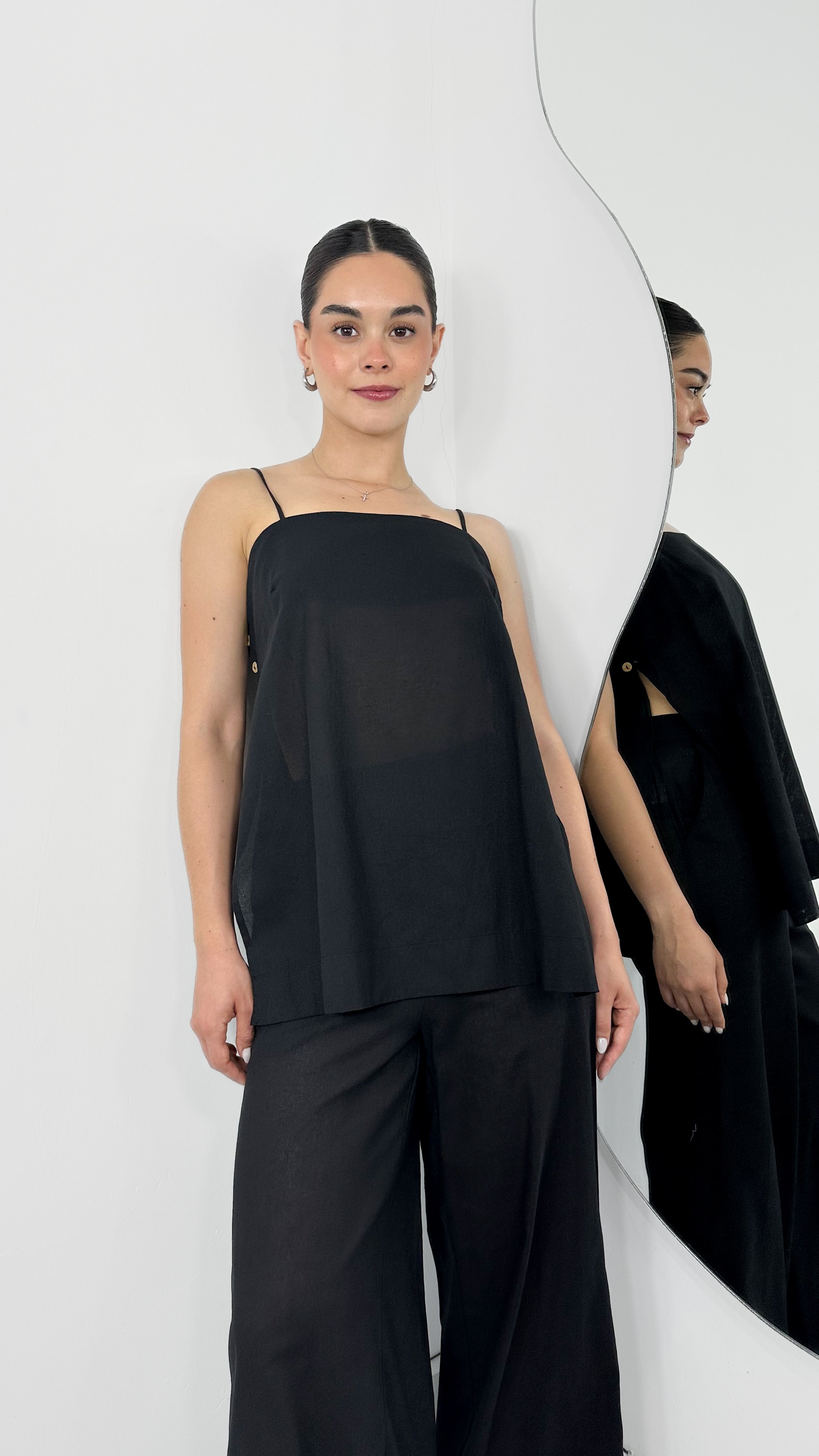 CONJUNTO WIDE LEG PANTS & MAXI BLUSA ABERTURA LINO ALL BLACK