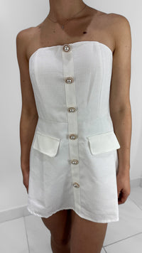VESTIDO CORTO CON BOTONES DE PERLA BLANCO
