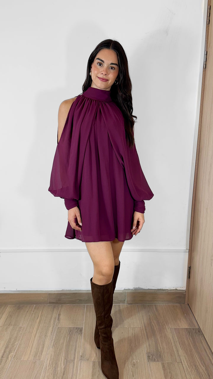 VESTIDO CORTO MANGA LARGA CHIFFON MAGENTA