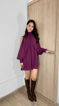 VESTIDO CORTO MANGA LARGA CHIFFON MAGENTA