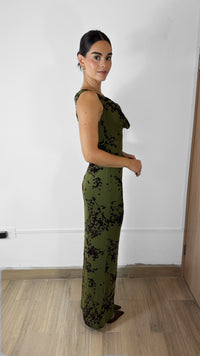 VESTIDO LARGO OLIVO CON CAFÉ