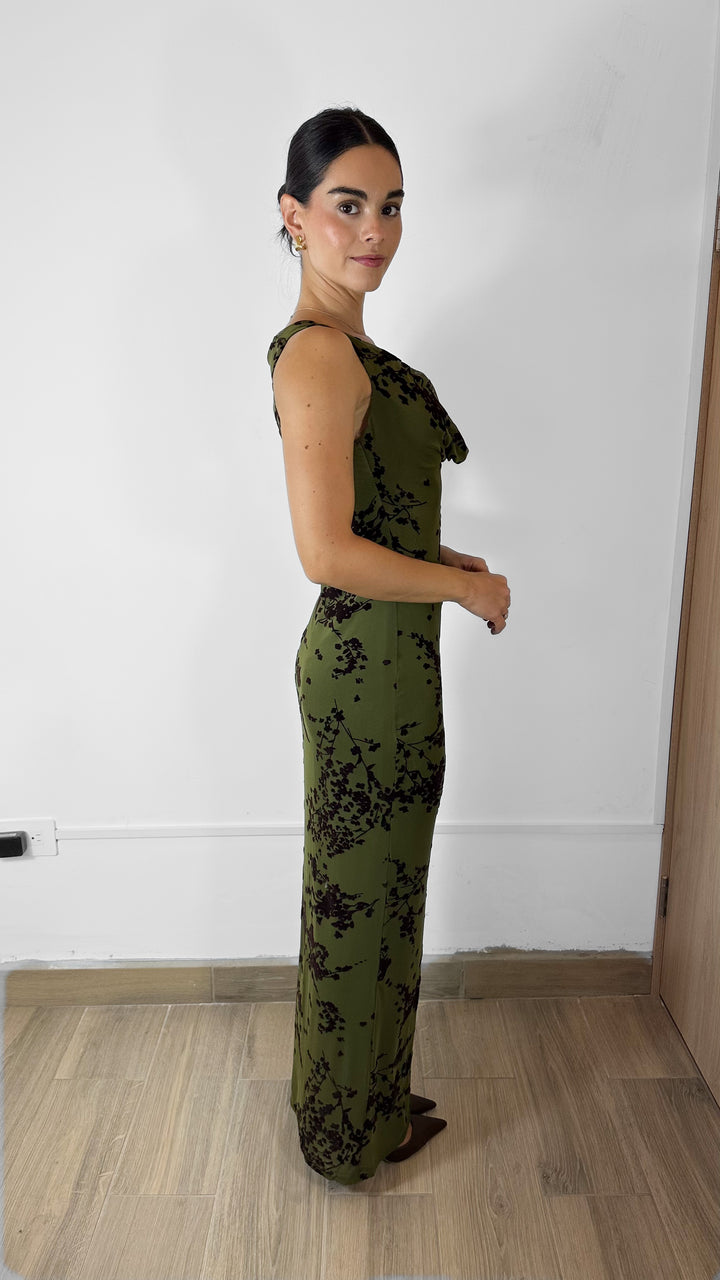 VESTIDO LARGO OLIVO CON CAFÉ