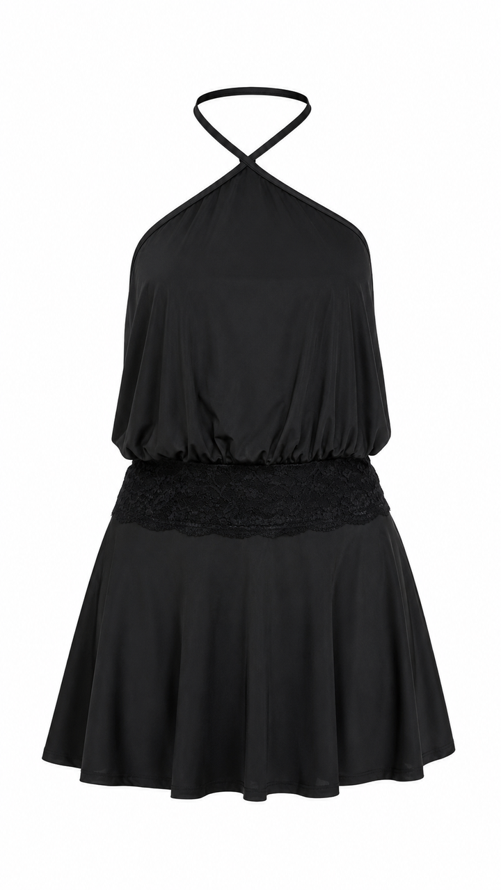 VESTIDO NEGRO HALTER CON DETALLE ENCAJE