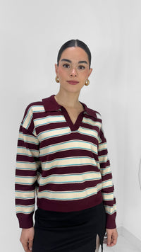 SUÉTER DE RAYAS VINO CON MENTA CUELLO V