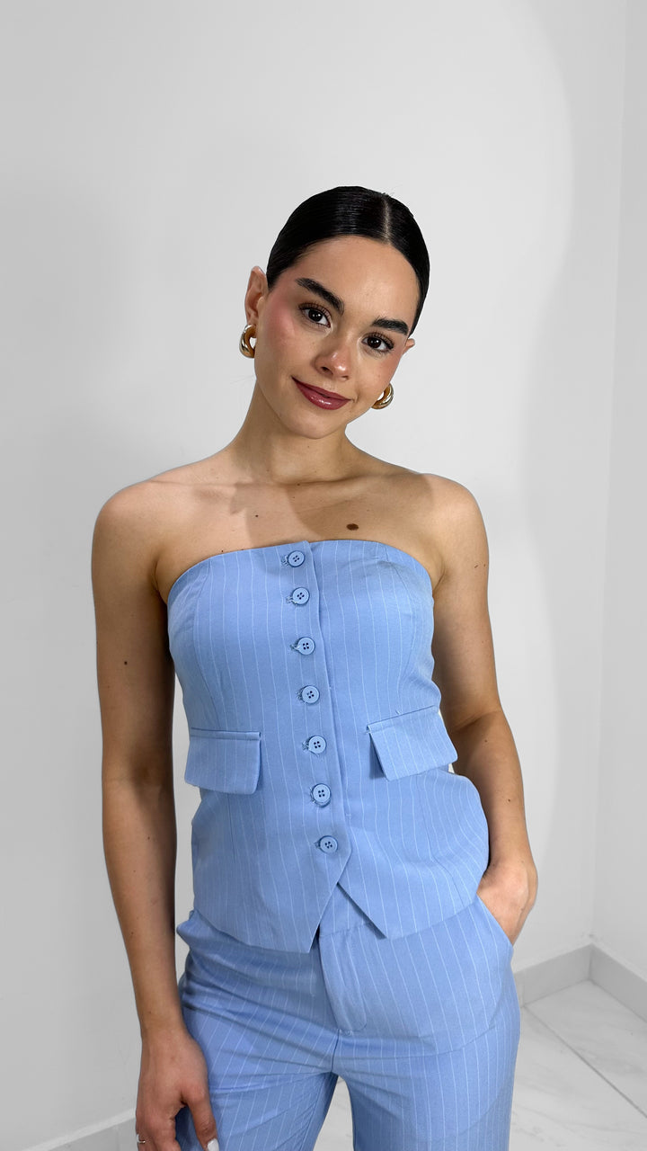 TOP STRAPLESS RAYADO BABY BLUE