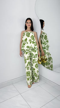 CONJUNTO WIDE LEG & BLUSA STRAPLESS FLOREADA VERDE