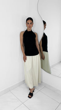 VESTIDO MIDI TOP HALTER Y FALDA FRUNCIDA