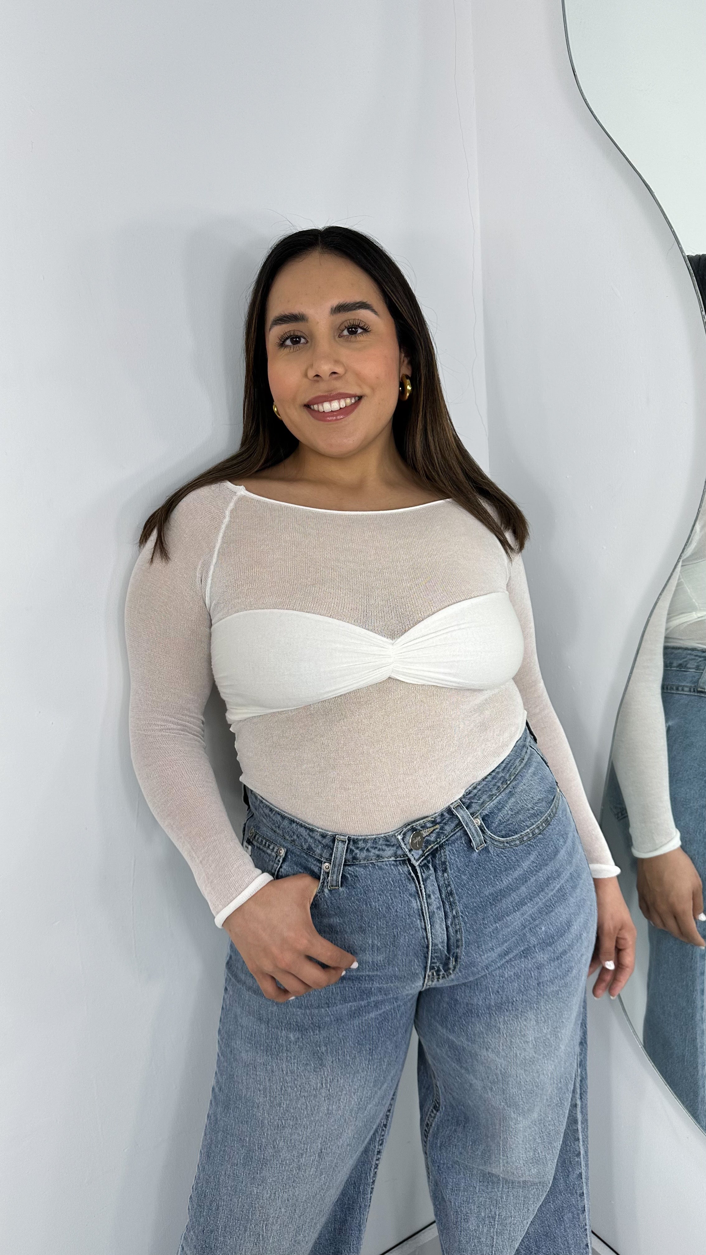 BLUSA MANGA LARGA SEMI TRANSPARENTE FRUNCIDA IVORY