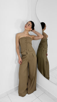 PANTALÓN FORMAL WIDE LEG CON PINZA MOCHA (SET)