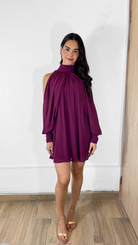 VESTIDO CORTO MANGA LARGA CHIFFON MAGENTA