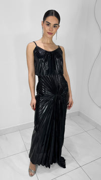 VESTIDO LARGO METALICO NEGRO PLISADO