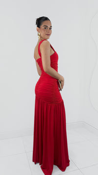 VESTIDO LARGO DOBLE TELA DRAPEADO TIRANTES ROJO