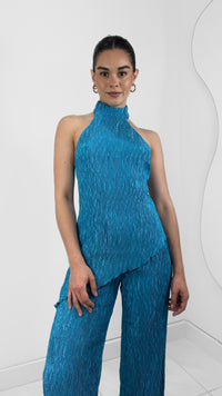 CONJUNTO MAXI BLUSA HALTER & PANTALÓN WIDE LEG AZUL CELESTE