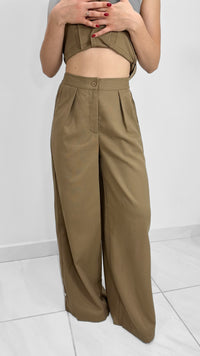 PANTALÓN FORMAL WIDE LEG CON PINZA MOCHA (SET)