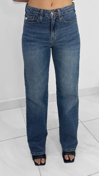 DENIM BLUE WASHED MID WAISTED JEANS