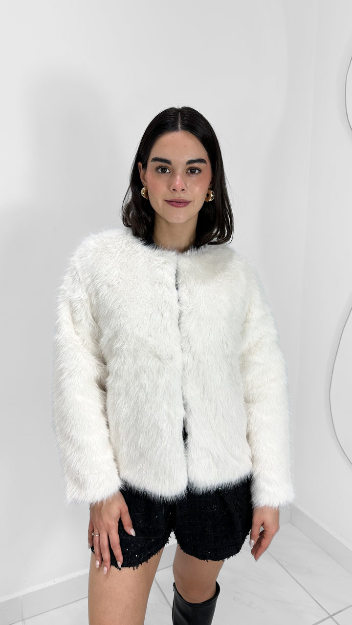 ABRIGO MANGA LARGA DE PELUCHE SINTÉTICO BLANCO