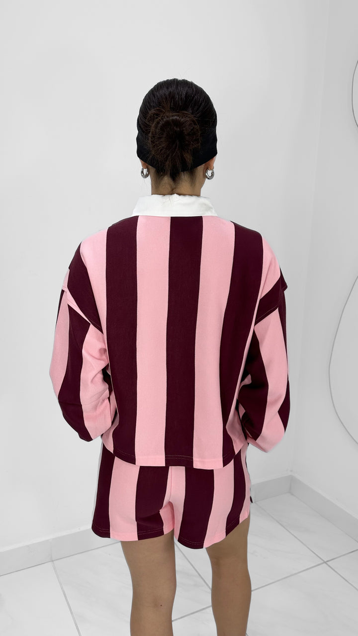 CONJUNTO DE RAYAS VINO Y ROSA