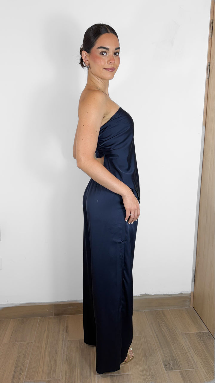 CONJUNTO B STRAPLESS DE SATIN AZUL NAVY