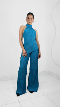CONJUNTO MAXI BLUSA HALTER & PANTALÓN WIDE LEG AZUL CELESTE