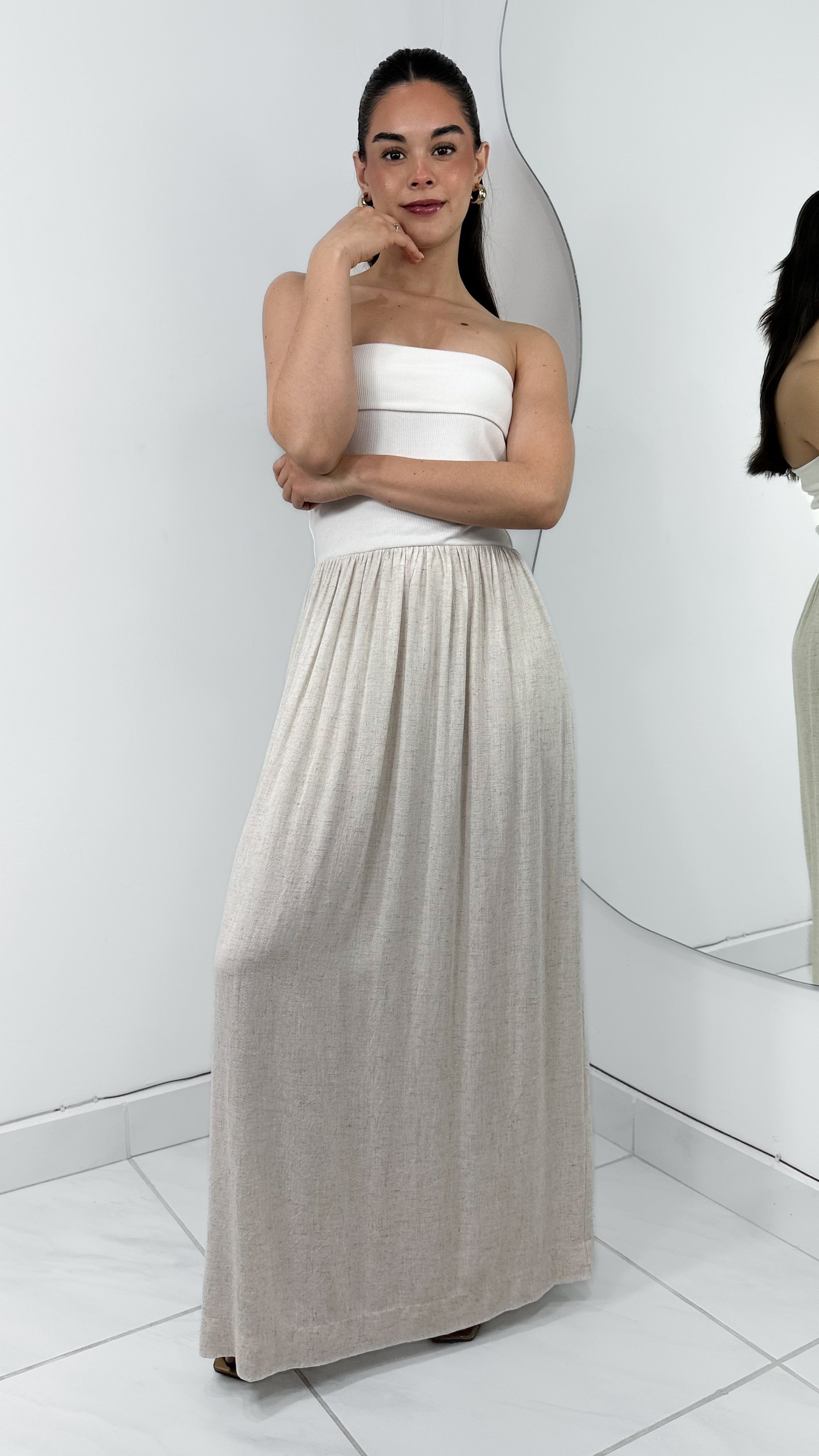 VESTIDO LARGO STRAPLESS IVORY & CREAM
