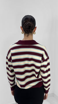 SUÉTER DE RAYAS VINO CON MENTA CUELLO V