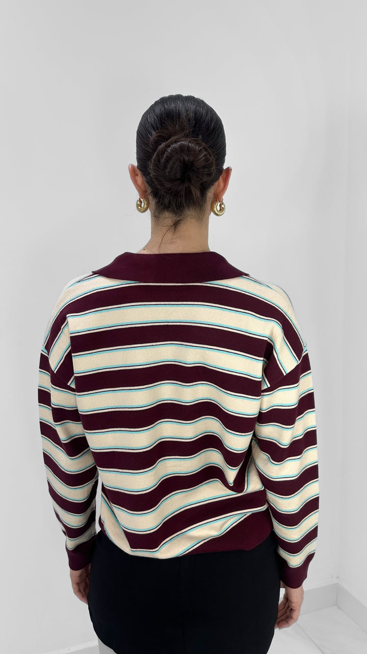 SUÉTER DE RAYAS VINO CON MENTA CUELLO V