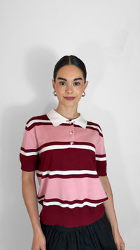 T-SHIRT STRIPPED CUELLO V ROSA