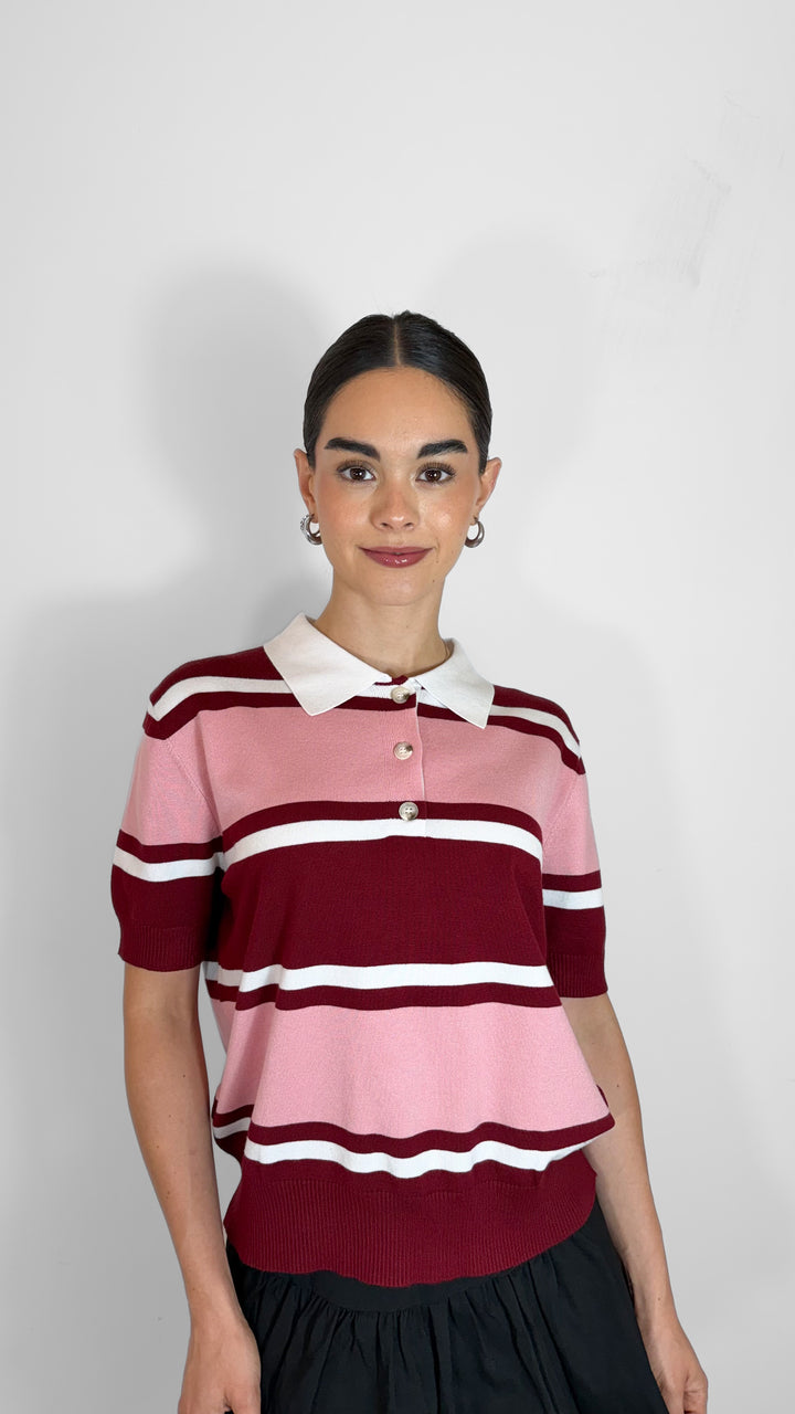 T-SHIRT STRIPPED CUELLO V ROSA