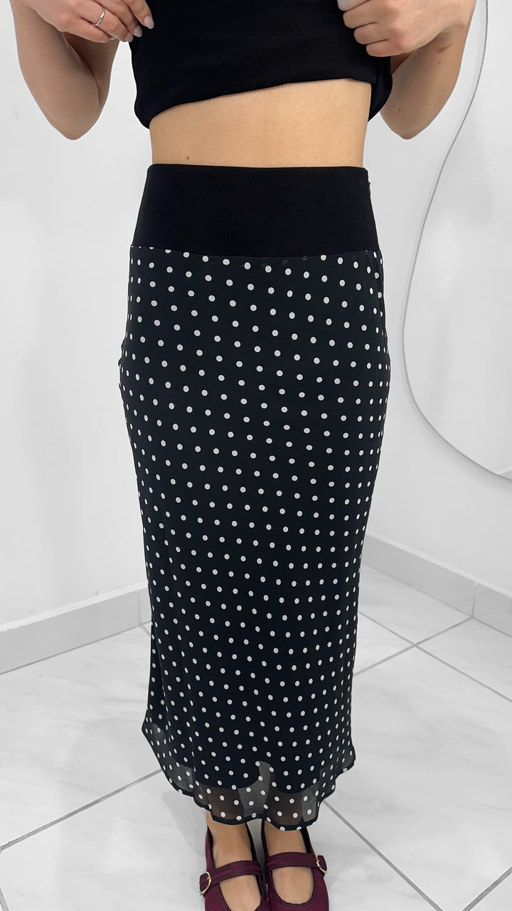 FALDA MIDI DE LUNARES NEGRA
