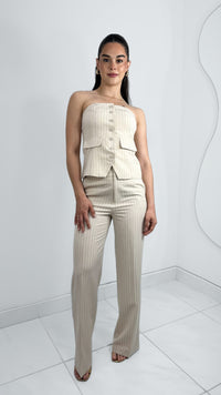 BLUSA STRAPLESS EFECTO SASTRE RAYADO BEIGE